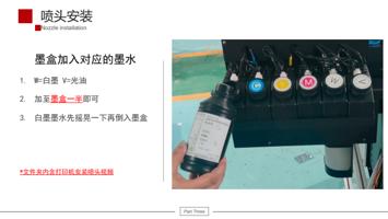 喷头安装 Nozzle installation 墨盒加入对应的墨水 1 W=白墨 V=光油 2 加至墨盒一半即可 (Page 27 / 61) UV平板机 6090 安装指引