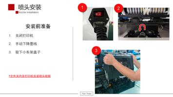 安装前准备 1 关闭打印机 2 手动下降墨栈 3 取下小车架盖子 文件夹内含打印机安装喷头视频 Part (Page 28 / 61) UV平板机 6090 安装指引